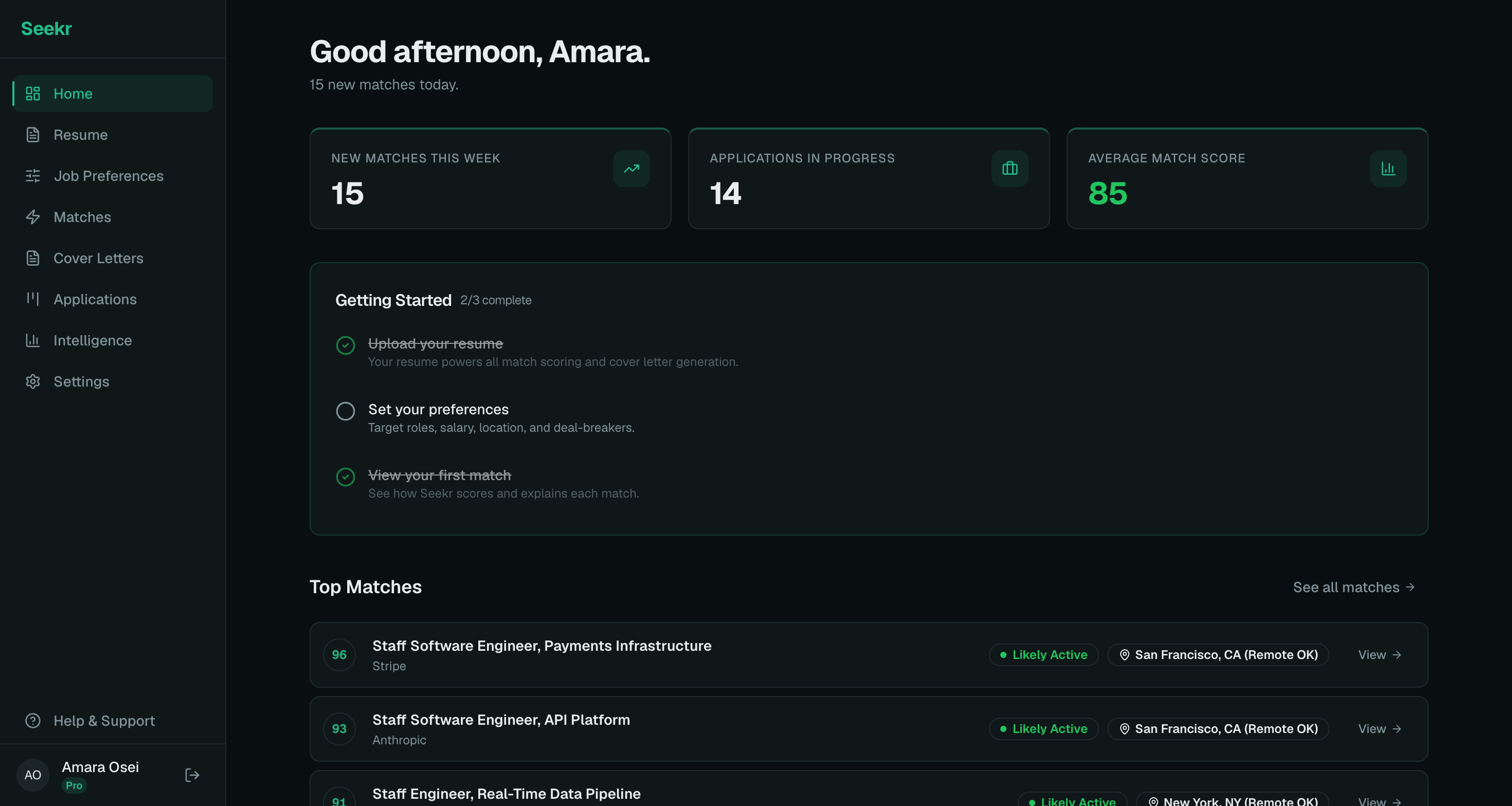 Seekr dashboard showing match overview, search health, and recent activity